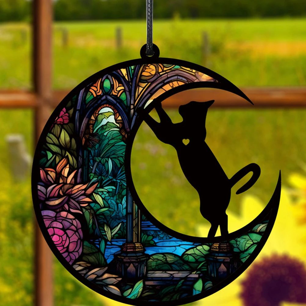 Cat Moon Shaped Wall Hanging Pendant Acrylic Cute Cat Moon Stained Glass Window Ornament room Wall Art home garden balcony Decor