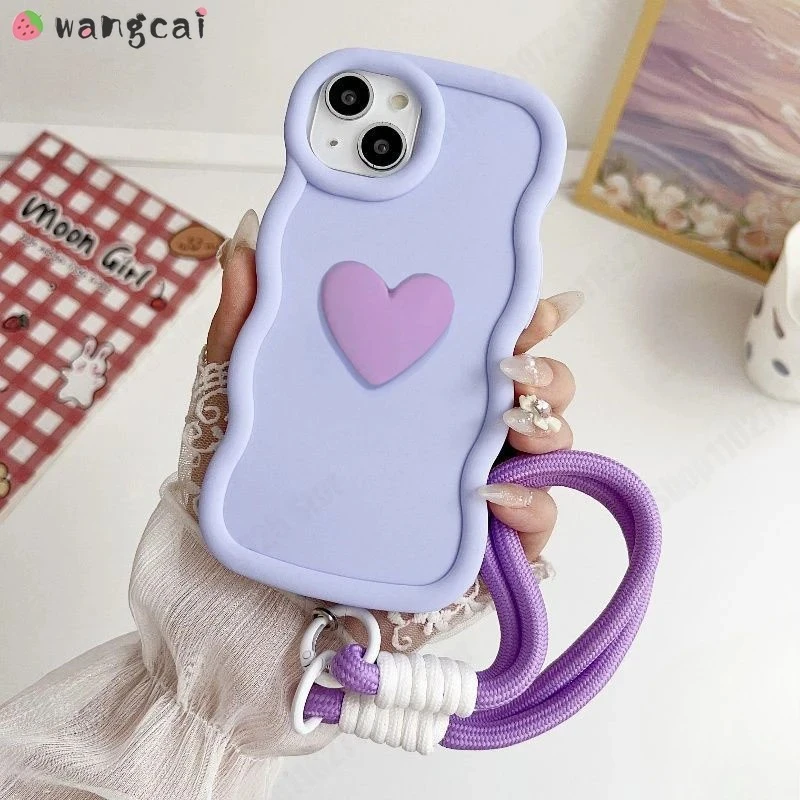For Redmi Note 14 13 12 11 Pro Plus 12S 11S Pro+ 5G 4G Phone Case 3D Wave Cute Love Heart Soft Casing With Lanyard