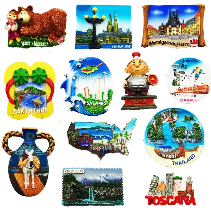 World Country Original Fridge Magnets Resin Souvenir Italy Greece Poland Krakow Landmark Building Magnetic Refrigerator Magnets