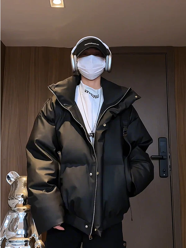 American Sle Winter Thiened Bla из искусственной кожи, хлопковое мужское свободное теплое пуховое хлопковое пальто, модное хлопковое пальто для пар...