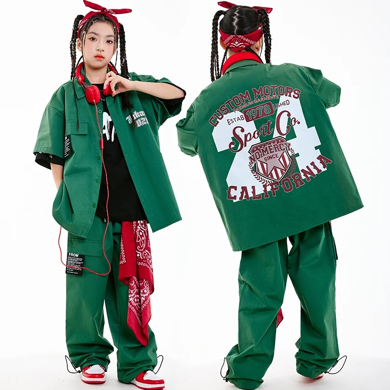 

Kids Hip Hop Dance Costumes Loose Hiphop Green Cargo Outfits Girls Boys Group Jazz Performance Stage Clothes Sport Wear DN20412