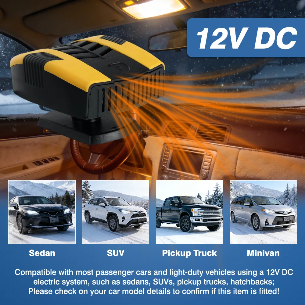 Portable 12V 150W Car Heater 2 In 1  Fast Heating Cooling Fan Windshield Defogger Defroster 360° Rotatable for Pickup Truck