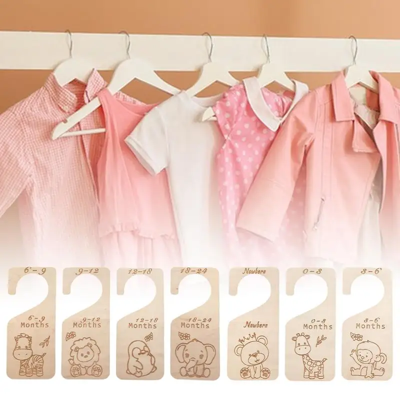 Baby Hangers With Size Dividers 7PCS Cute Wooden Baby Clothes Organizer Baby Supplies Kids Room Storage Hanger Dividers For