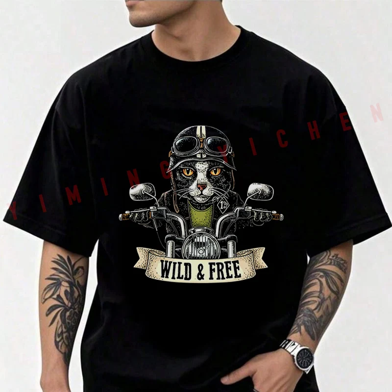 

Cat Driving A Motorcycle Rides Motorcycle Cotton T-shirt Men Short Sleeved Casual Round Neck Unisex Tops Tee
