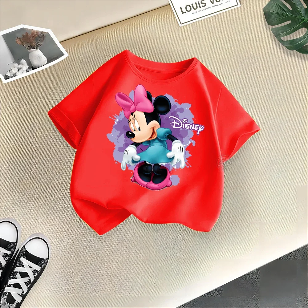 Disney-Minnie infantil camiseta de algodão manga curta, top de rua de verão, desenhos animados, meninos e meninas, blusa casual infantil