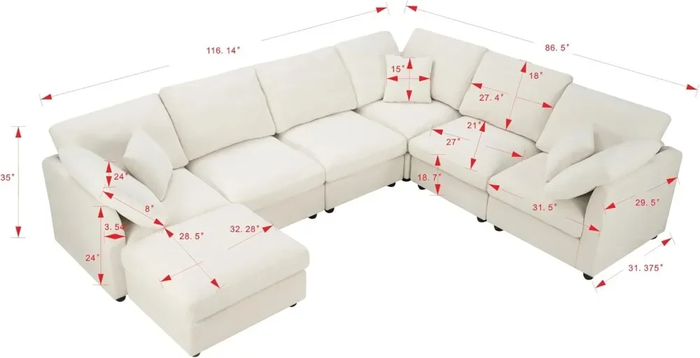 Oversized Modular Cushions Sofa Movable Ottoman,L-Shaped Corner Low Back Deep Seat Spacious Sectional  Couch Convertible Sleeper