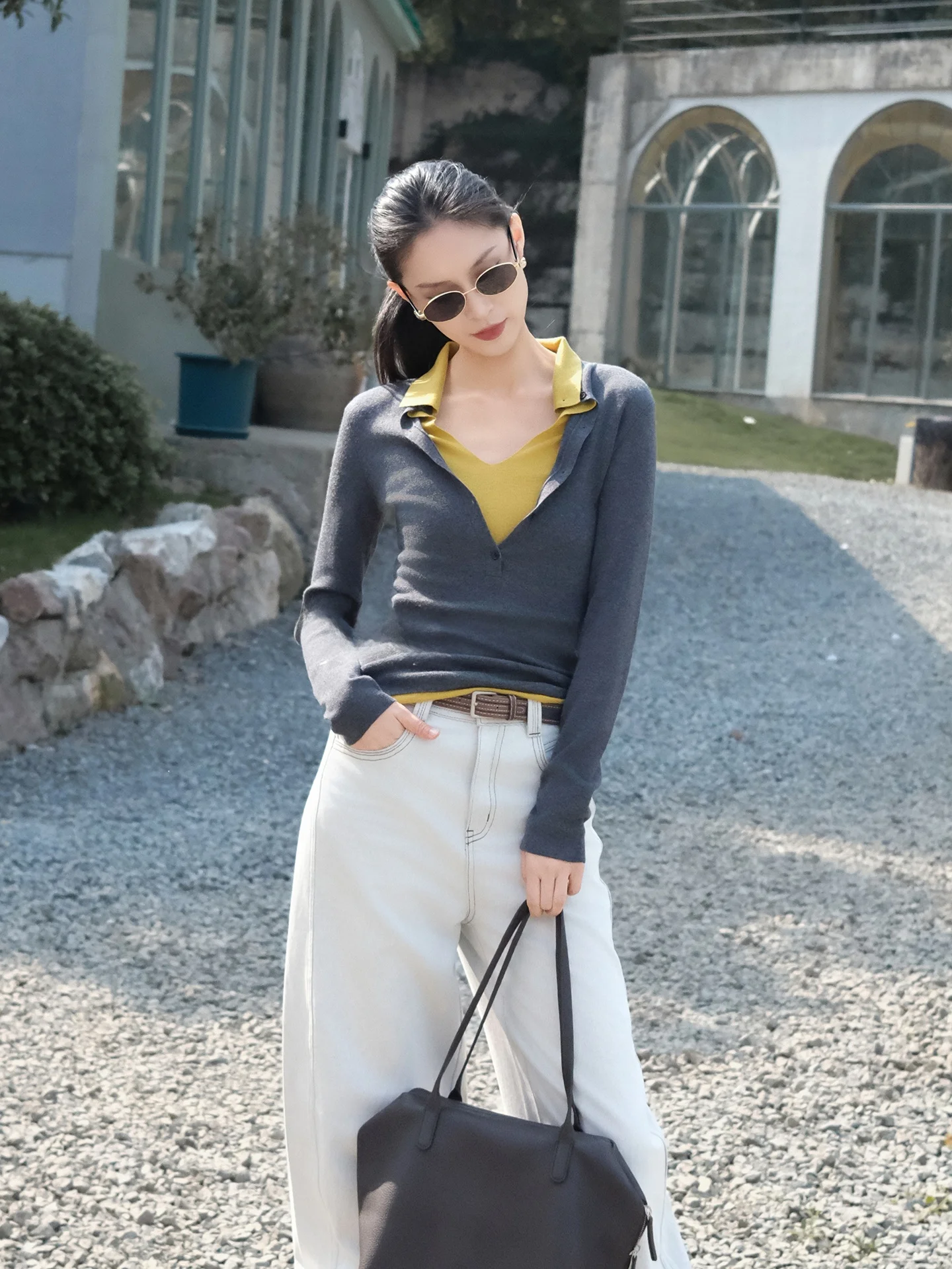 

Вязаный топ Jieji Zhang Spring Fashion Design с шерстяным воротником, универсальный, приталенный, с цветовыми блоками, женский, стандартный крой, длинный рукав