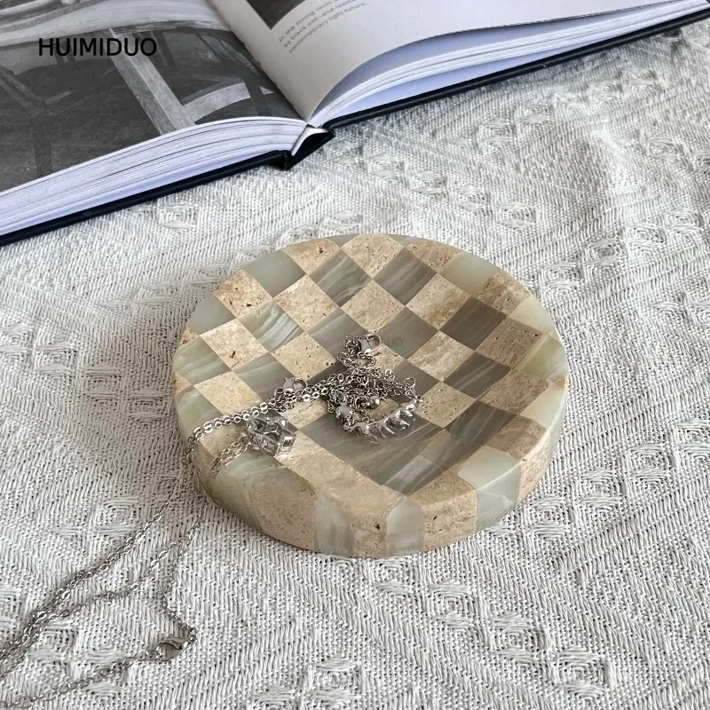 French light luxury style girls' jewelry storage plate desktop natural marble small ornaments round decorative small tray