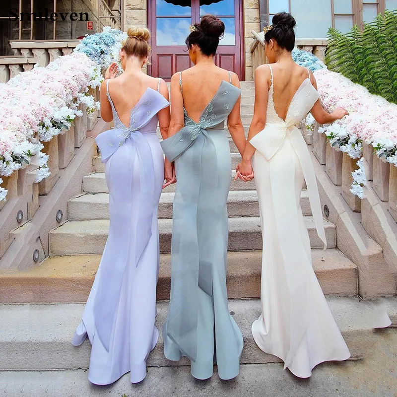 

Smileven Bows Mermaid Bridesmaid Dresses Spaghetti Strap Bride's Best Friend Dress Soft Satin Wedding Party Dress customized