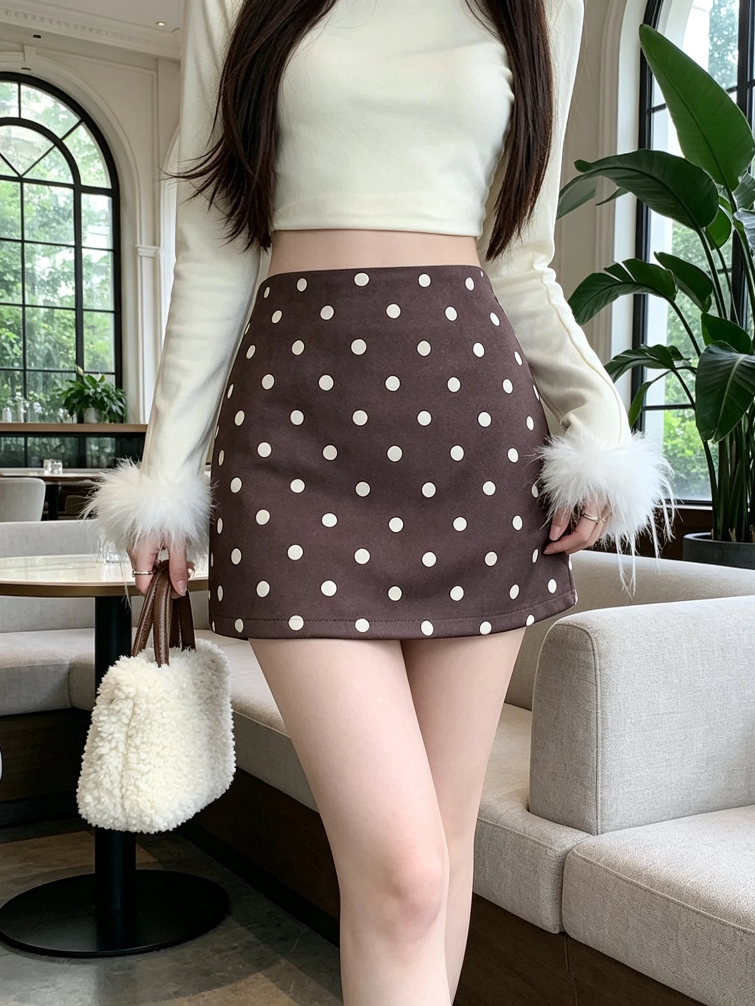 High Waist A-Line  Skirt for Women in Leopard Velvet Polka Dot Fabric Pear Shape Miu Series Short Skirts Commute Style