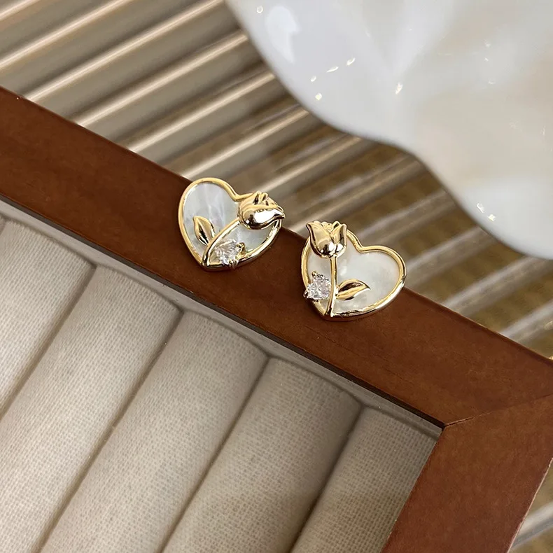 Earrings Mother of Pearl Rose Heart Vintage Tulip Stud Fashionable White Gold Tone Comfortable for Women Everyday