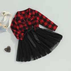 1-6Y Kids Baby Girls Christmas Dress Long Sleeve Plaid Patckwork Tutu Tulle Mesh Party Dress Winter Flannel Xmas Dress With Belt