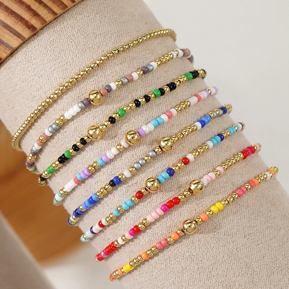 Bohemian Colorful Seed Bead Bracelet with Gold Color Plated Beads Multicolor Handmade Bracelet for Women Fashion Jewelry Gifts