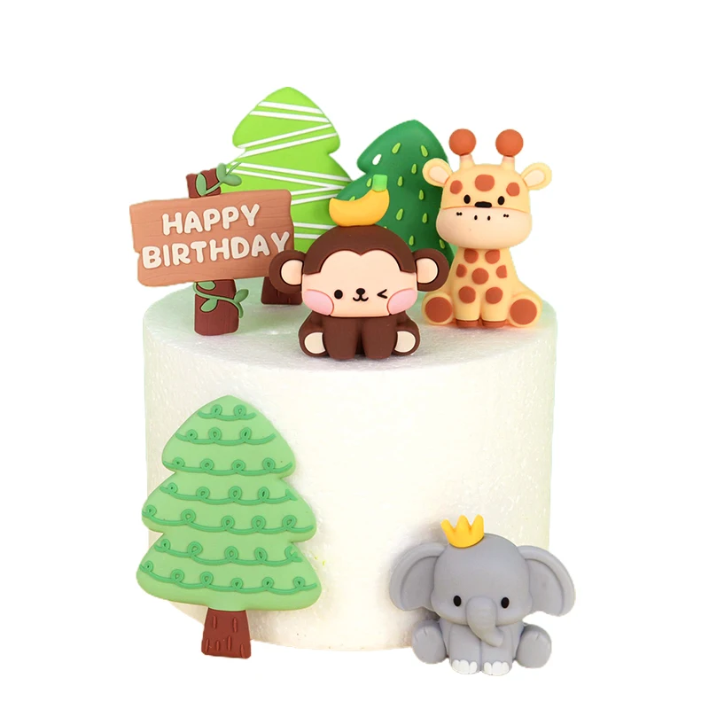 3D Cartoon Animal Birthday Cake Decoration Soft Clay Elephant Tiger Lion Cake Topper Kid Jungle Birthday Party Decor Baby Shower