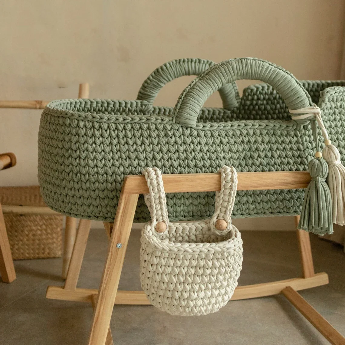 crochet basket change with bed hanging storage basket, cotton crochet storage basket