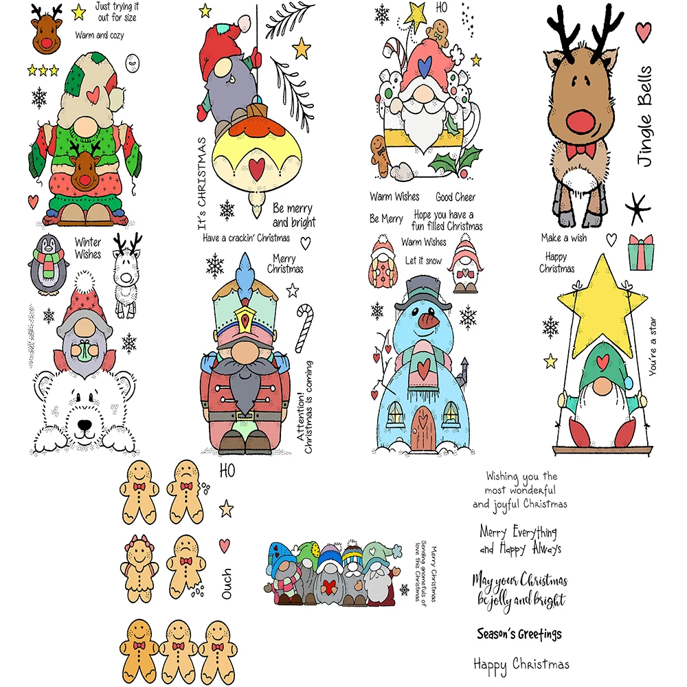 

2025 Hot Clear Silicone Stamps Christmas Gnomes with Ornament Reindeer Bear Snowman Gingerbread Stamps Diy Scrapbooking Crafting