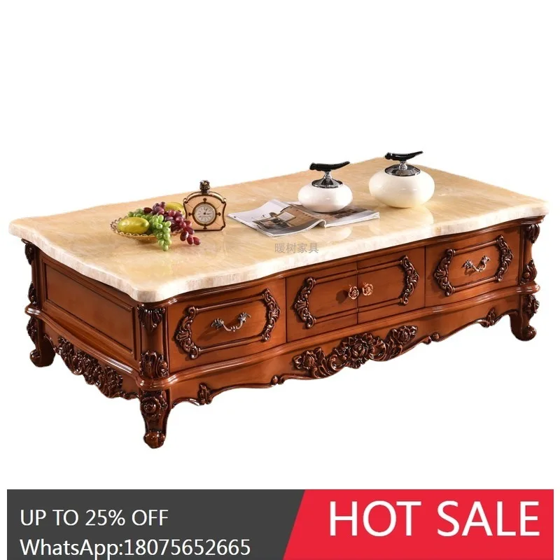 HLZ European Style Solid Wood Coffee Table with Drawer Marble Top 1.4m and 1.6m Living Room Coffee Table