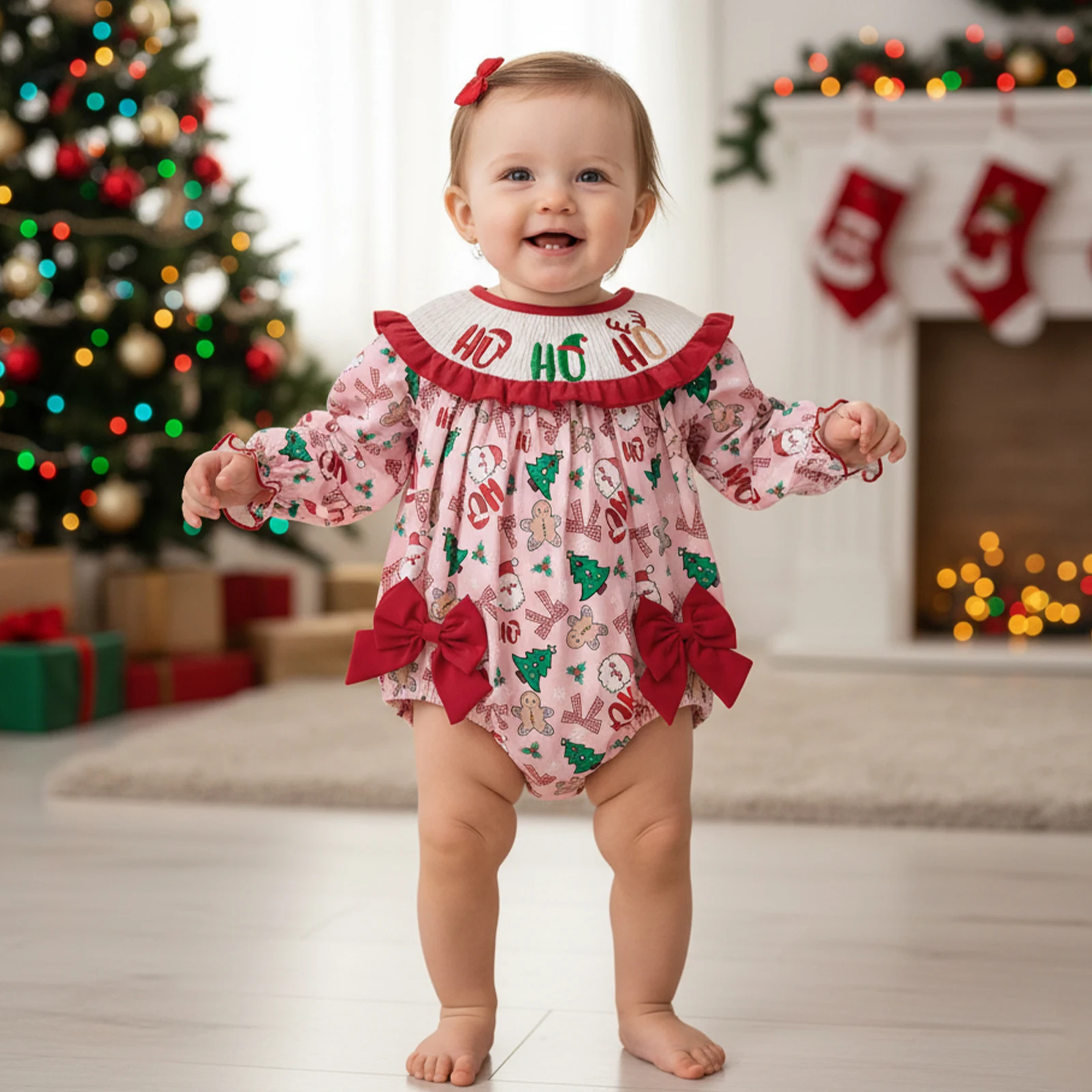 طفلة فقاعة رومبير المألوف شجرة عيد الميلاد التطريز Smocked طويلة الأكمام داخلية بذلة الملابس