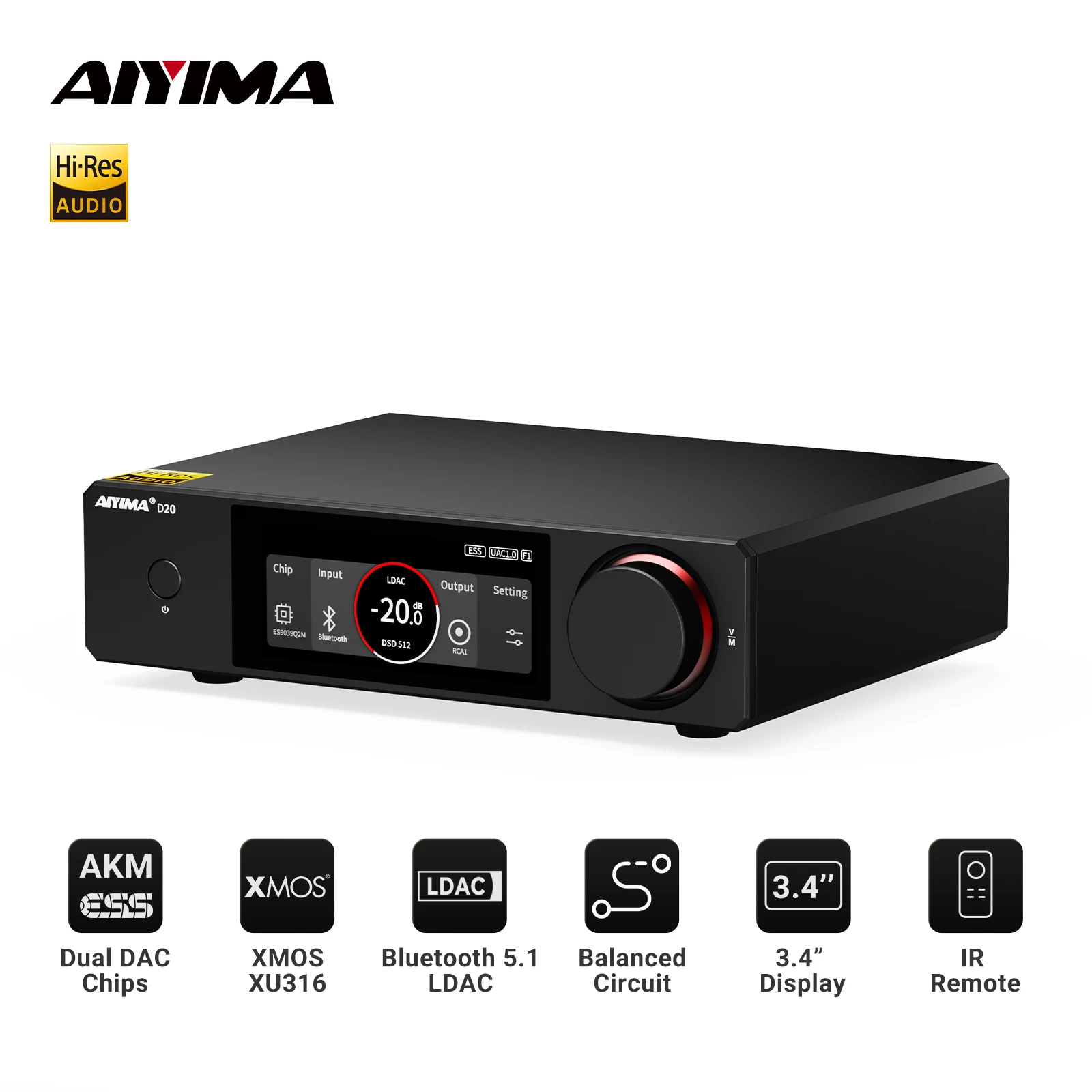 AIYIMA D20 HiFi DAC-Decoder AK4493SEQ ES9039Q2M XMOS XU316 USB DSD512 Bluetooth 5.1 LDAC RCA XLR Audio-Konverter VU-Meter
