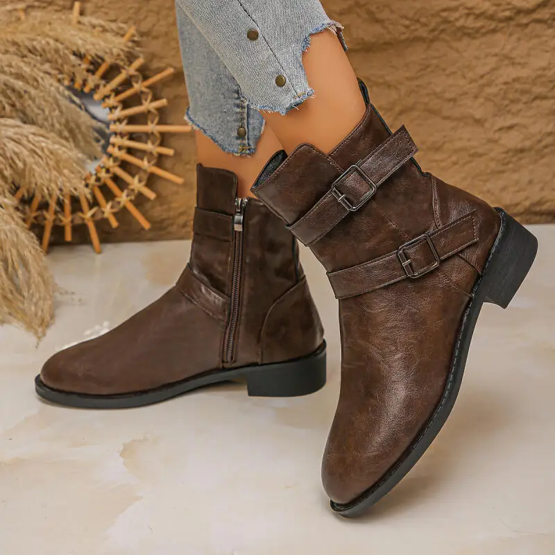 

Vintage Metal Belt Buckle Western Cowboy Boots Women 2025 Winter Side Zip Ankle Boots Plus Size 43 Woman Designer Short Booties