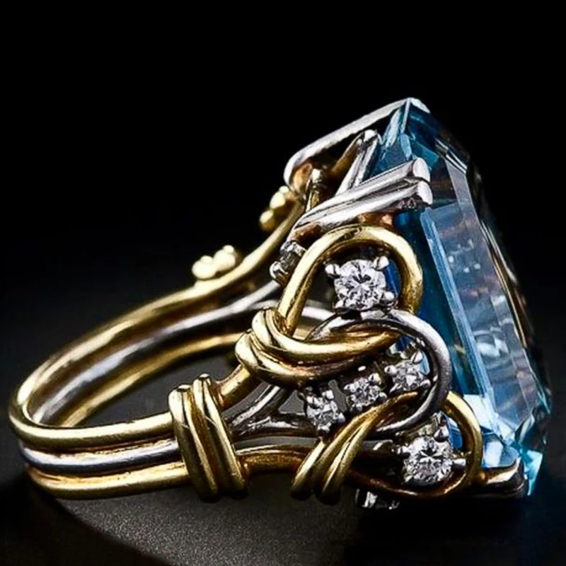 Huitan Große Rechteckige Blaue Zirkonia Ringe Frauen für Hochzeit Party Zwei Ton Herz Knoten Design Luxus Trendy Neue Schmuck