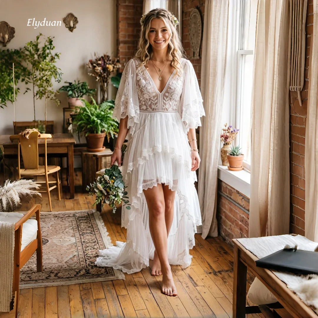 Boho High Low Wedding Dress Flutter Bell Sleeve Tiered Ruffle Light Ivory Tulle Lace Appliques Beach Bridal Gown Customized