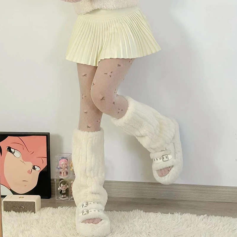 Harajuku Y2k Girls Cute Plush Leg Warmers Thicken Imitation Mink Fur Boots Cover Winter Warm Lolita Kawaii Sweet JK Leg Cover