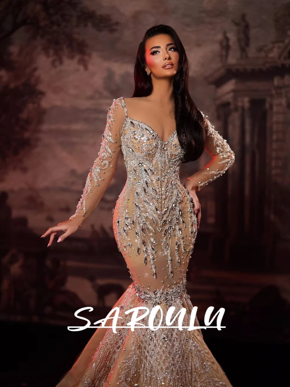 

Intricate Champagne V Neck Evening Dress Luxurious Crystals Shimmering Women Special Occasions Cocktail Gown Customized Elegant