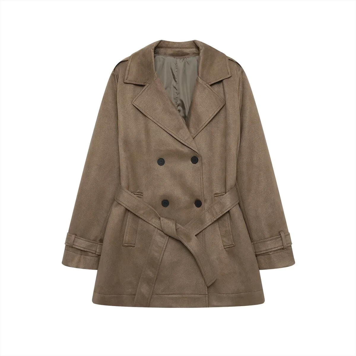 

2025 autumn new women's clothing fashion retro simple casual lapel long sleeved belt decoration suede effect windbreaker