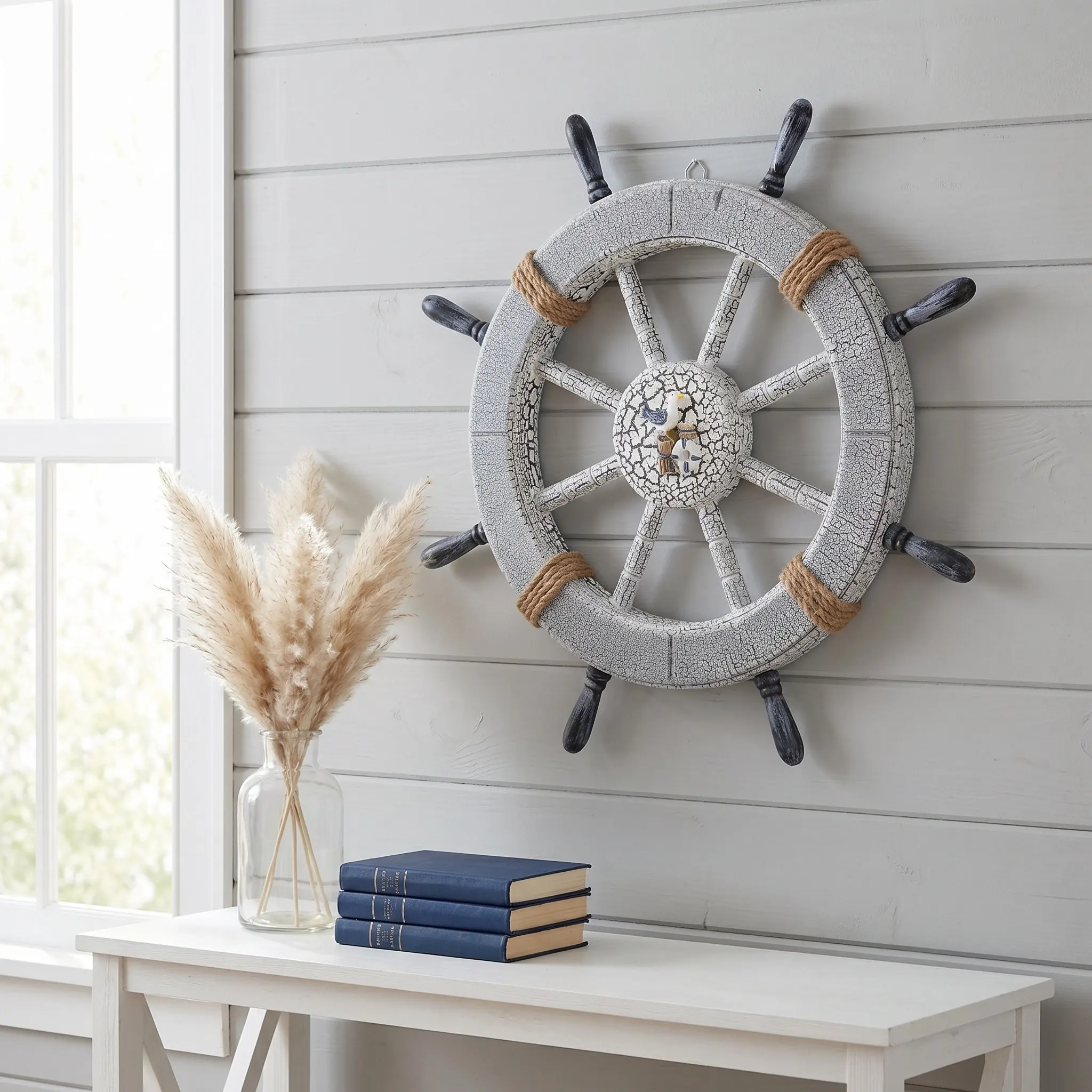 Wooden Ship Wheel Wall Decor 18 Inch Nautical Rustic Vintage Cracked Finish Coastal Mediterranean Boat Steering Wheel Home Wall