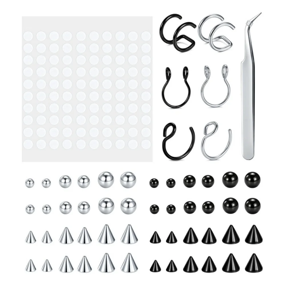 Fake Non Piercing Body Jewelry Set Fake Nose Cuffs Faux Lip Eyebrow Piercings Spare Balls Spikes with 100Pcs Adhesive Stickers