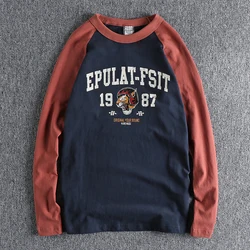 Autumn American Retro Long Sleeve O-neck Locomotive Printed T-shirt Men's Fashion 100% Cotton Wash Contrast Splicing Casual Tops