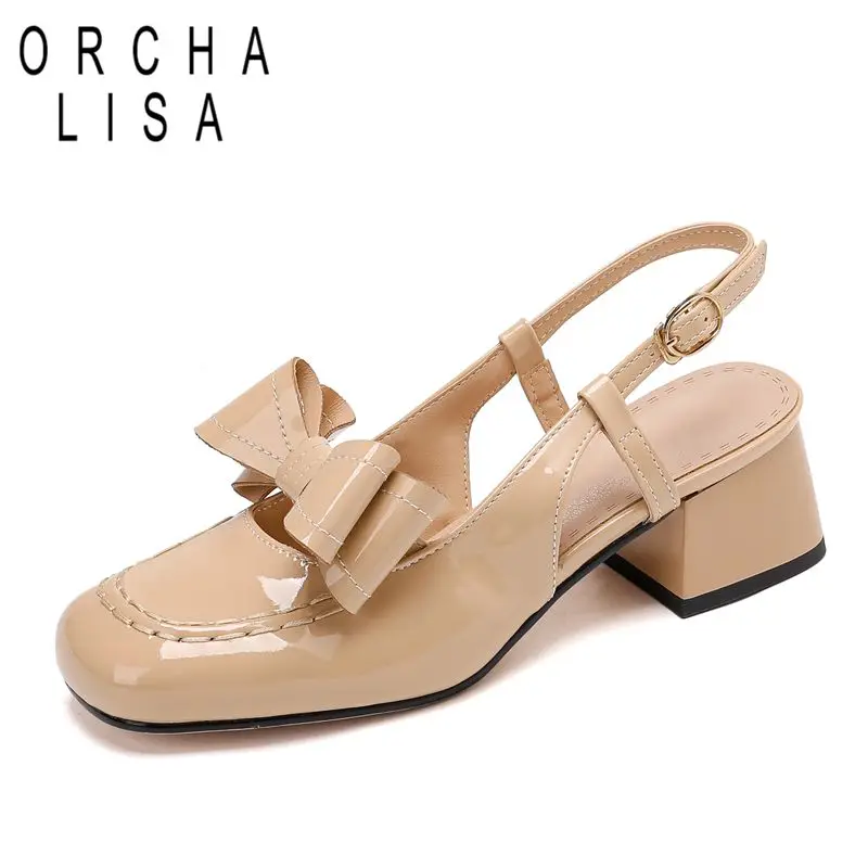 

ORCHA LISA 2025 Милые женские сандалии с квадратным носком на массивном каблуке 4,5 см, с пряжкой и ремешком, бантом, большой размер 46 47 48 Блестящие туфли для свиданий