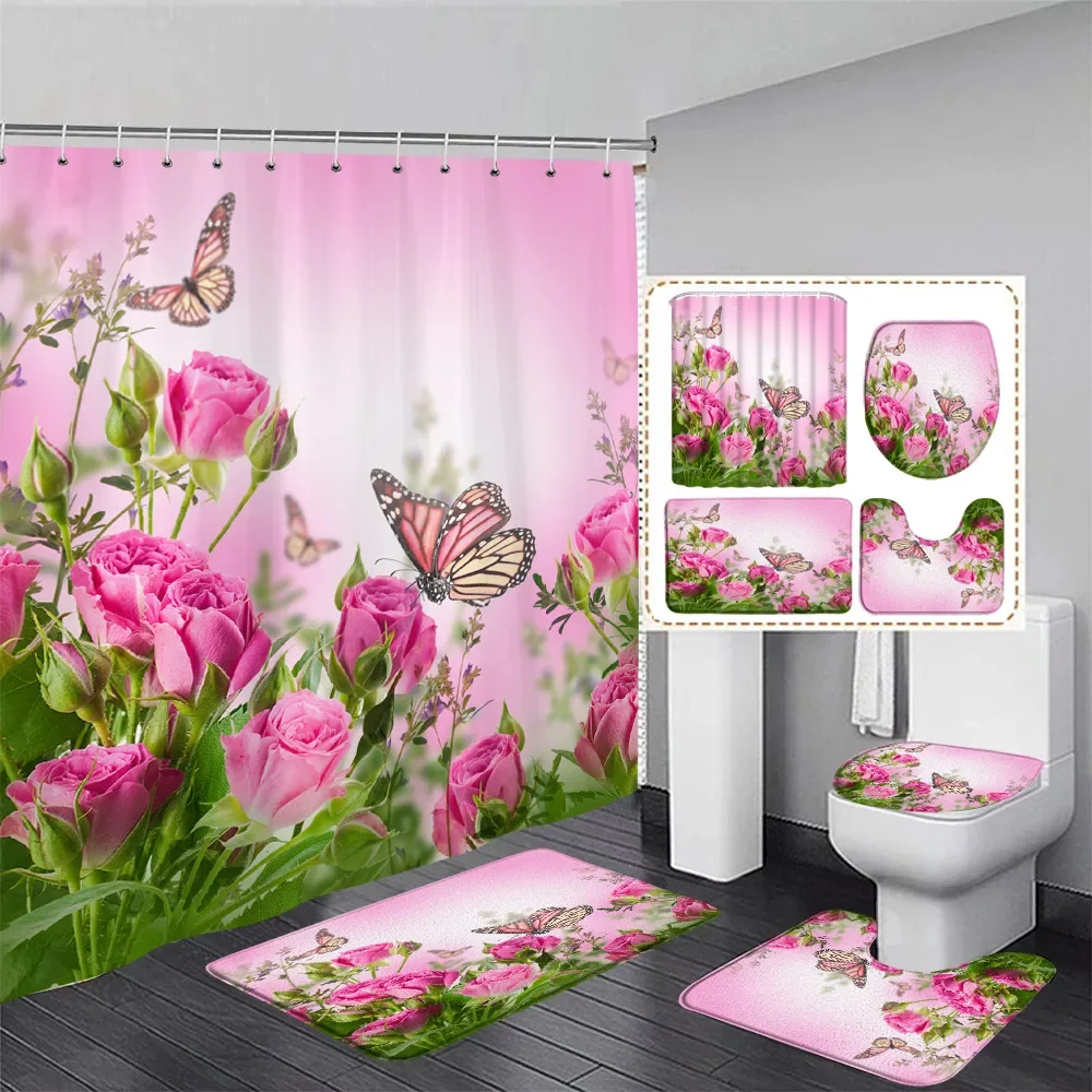 Butterfly Flowers Shower Curtain Set Yellow Blue Floral Plants Natural Scenery Bathroom Decor Carpet Floor Rugs Toilet Lid Cover