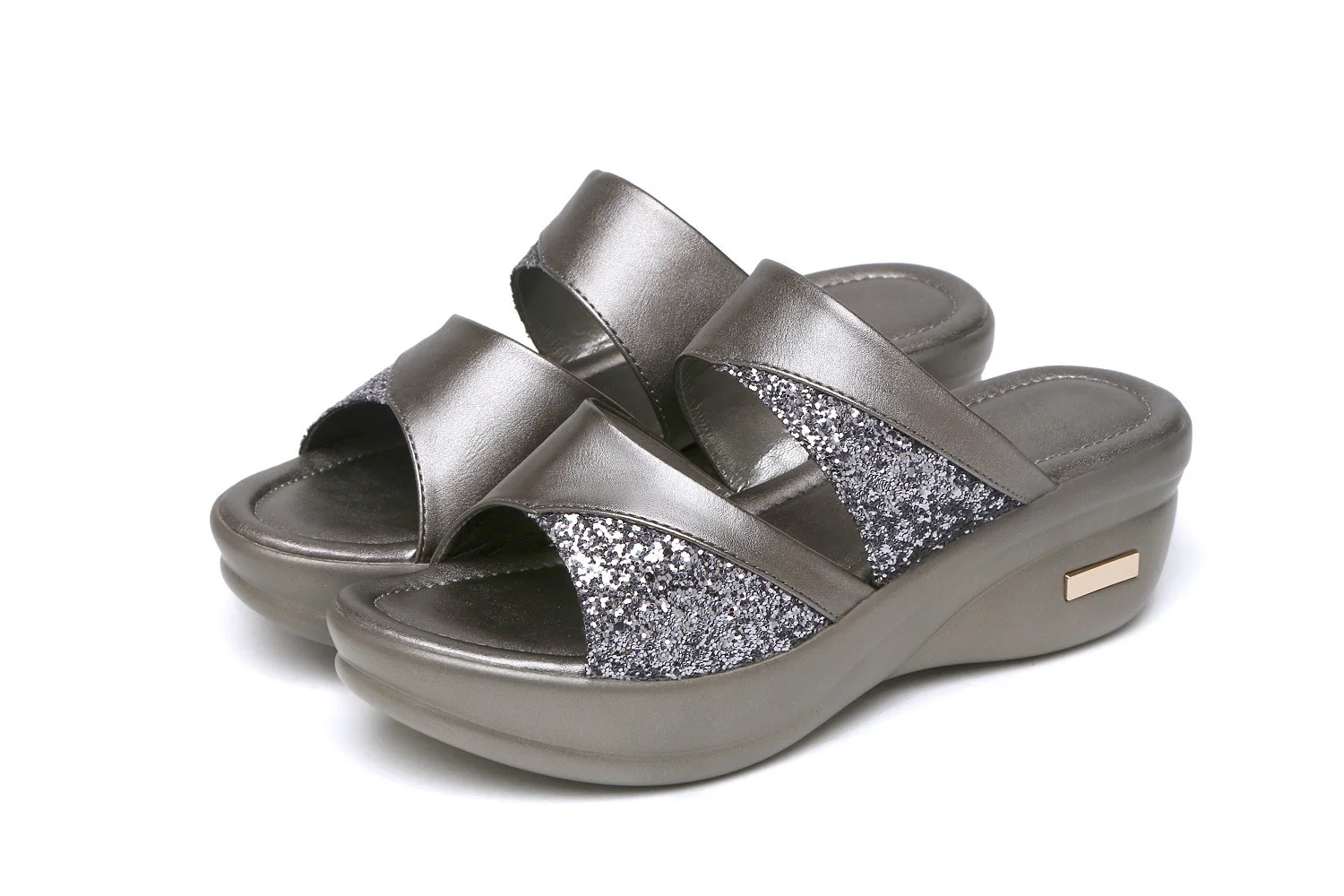 Damen Casual Slingback-Sandalen Glitzer-PU-Keilabsatz-Plateausandalen Bequeme Sandalen für Frauen Frühling 2026 Sommer Keilabsatz-Pantoletten – Detail 9