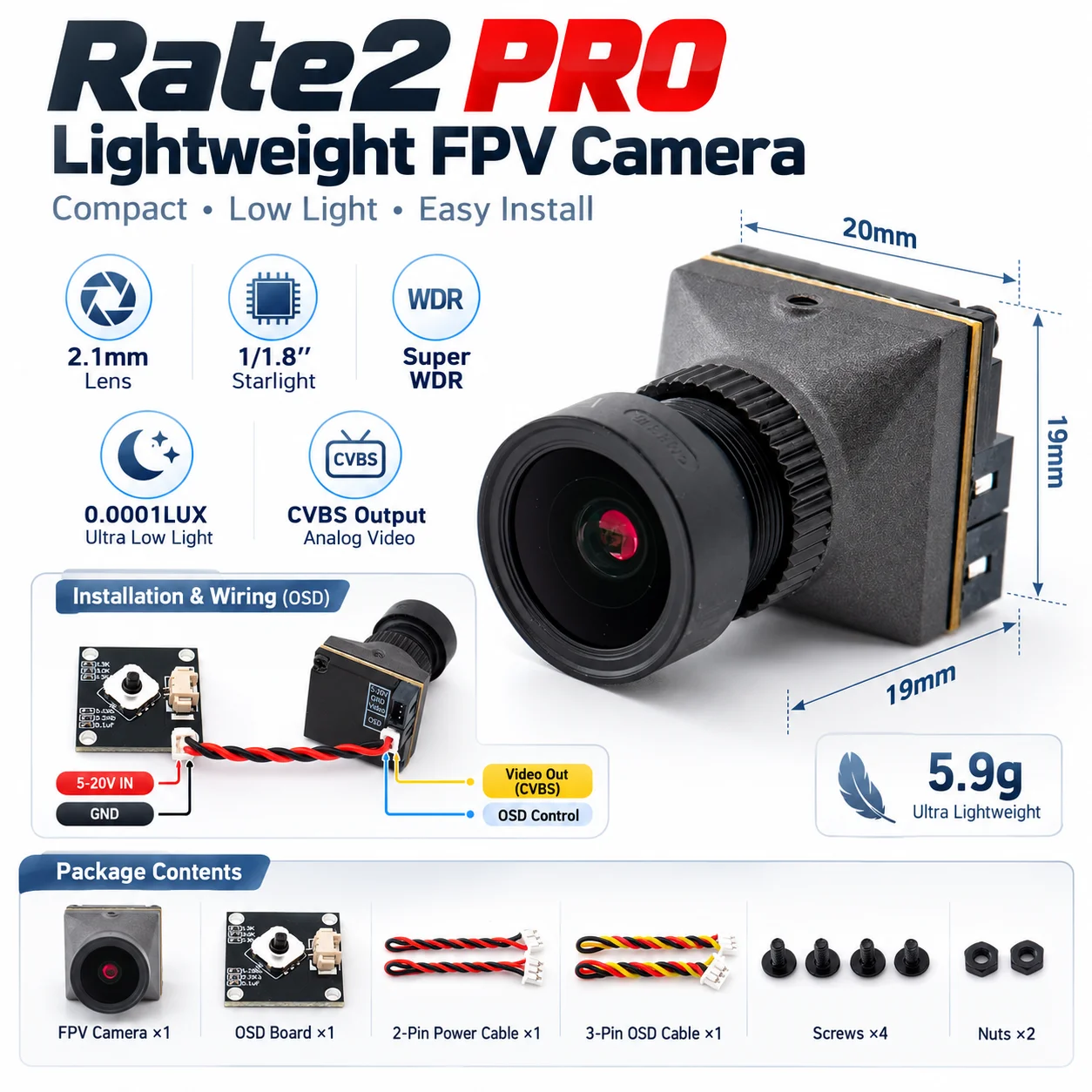 Lightweight RC FPV Camera Rate2 PRO 2.1mm Lens 16:9/4:3 NTSC/PAL Switchable With Lens for Micro FPV Camera Drone Quadcopter