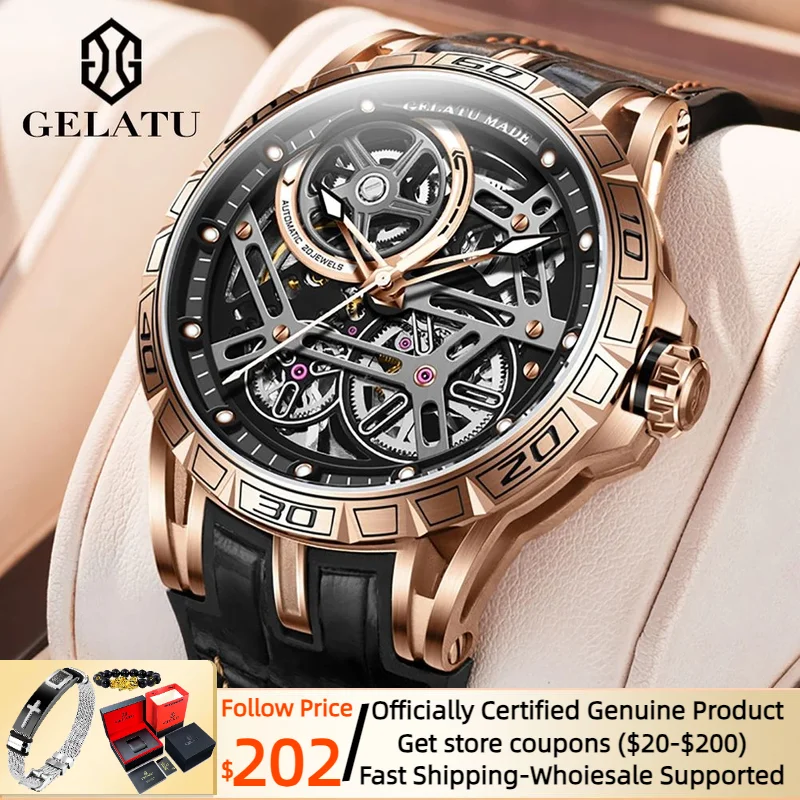 GELATU Original Men\'s Watches Skeleton Mechanical Design Style Leather Silicone Bracelet Automatic Mechanical Watch for Men 2023