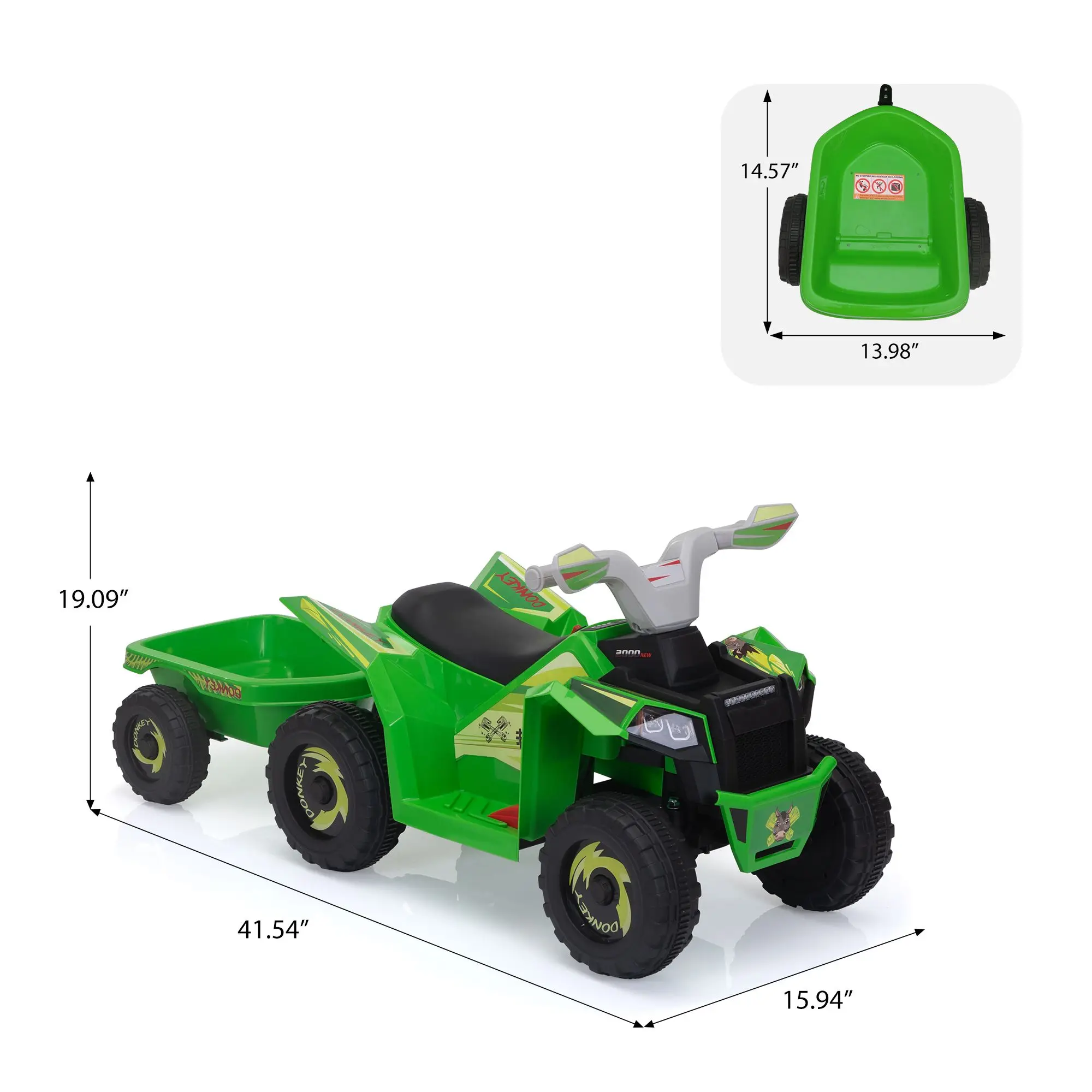 ATV elétrico infantil de 6 V, passeio de carro infantil com reboque, música, Bluetooth e display de energia para meninos e meninas, verde