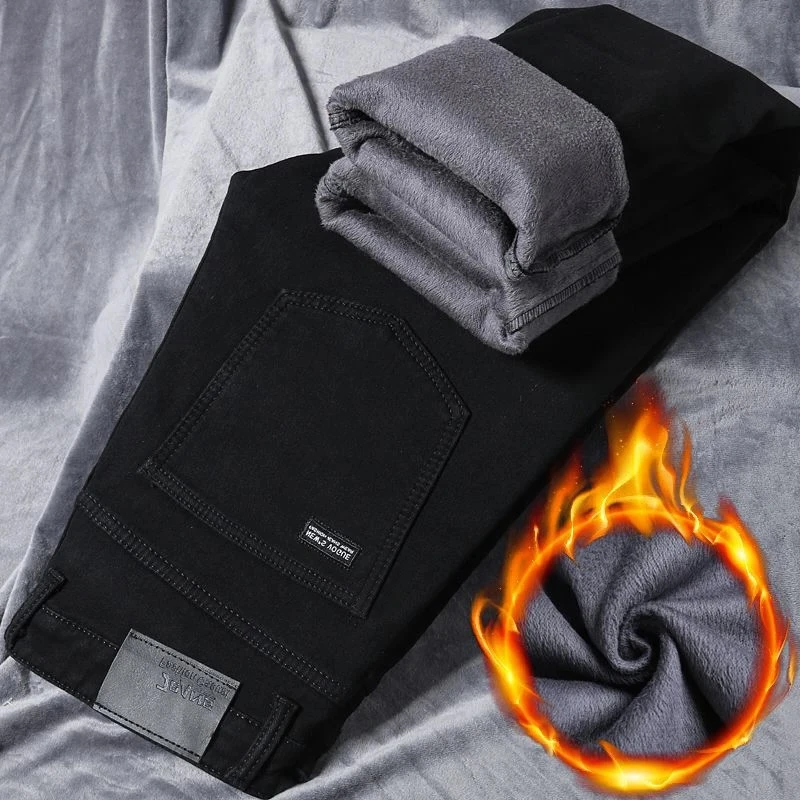 

Мужские утолщенные теплые джинсы на флисовой подкладке, мужские базовые стильные облегающие свободные прямые джинсовые брюки, модные универсальные брюки для покупок