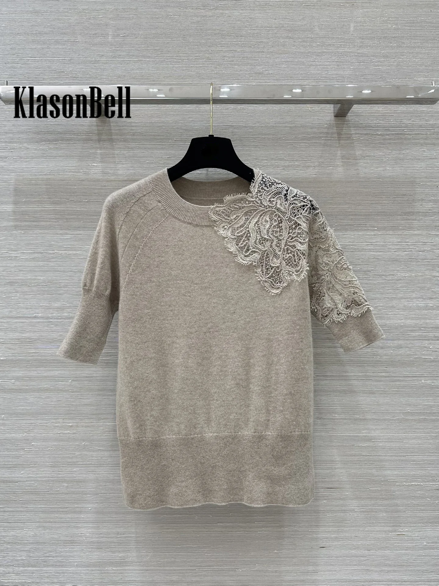 9.8 KlasonBell Women\'s Fashion Sweet Lace Embroidery Half Sleeve Knitwear Hem Split Soft Comfortable Cashmere Knit Sweater