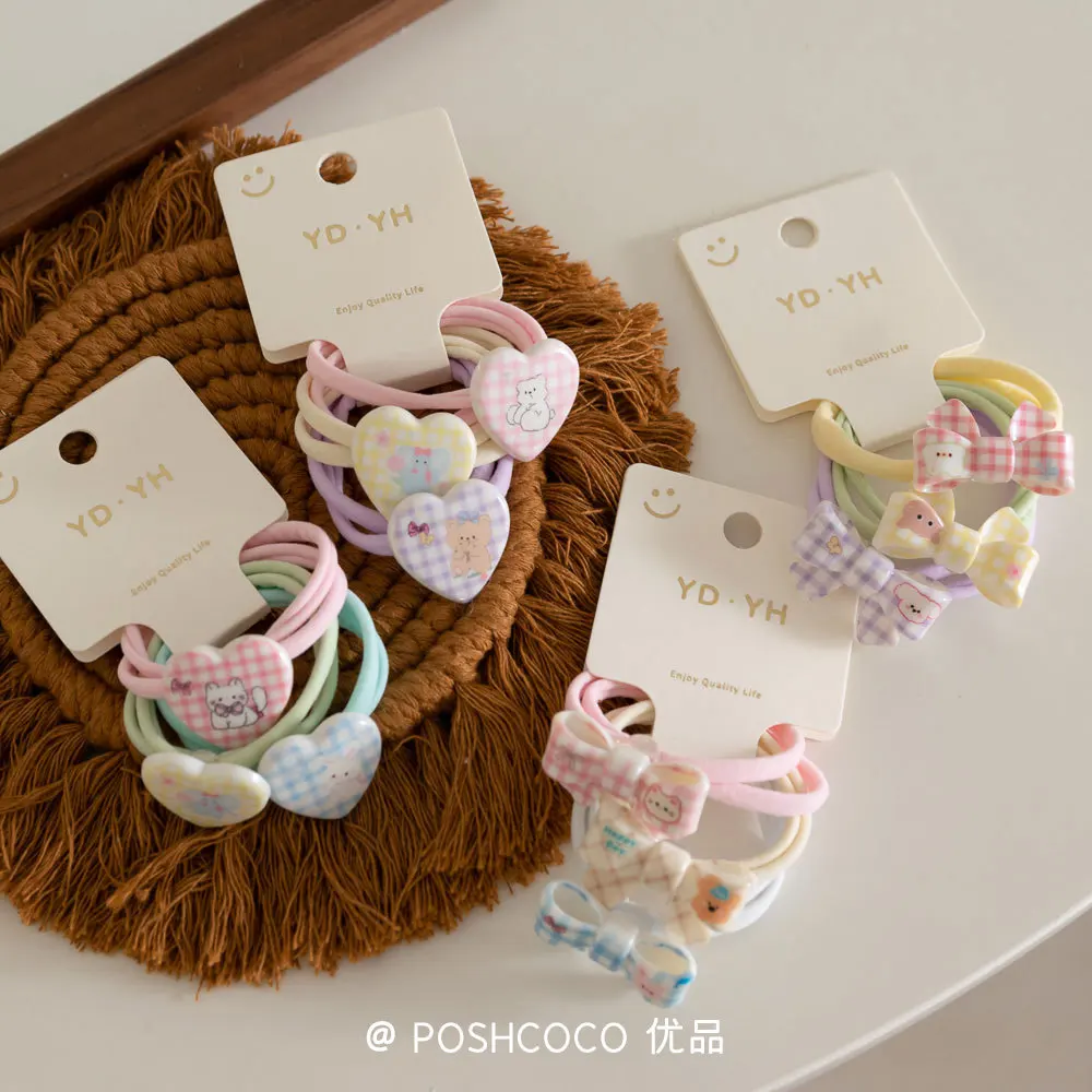 Cute Hair Ties Set of 3 Plaid Scrunchies Heart Bow Hair Bands Soft Elastic for Toddler Girls Hypoallergenic