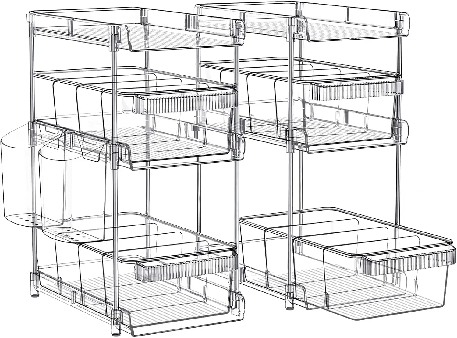 

Clear Bathroom Organizers 2 Sets 3 Tier, Pull Out Organizer and Storage with 2 Cups, Slide Out Drawer Storage Container with