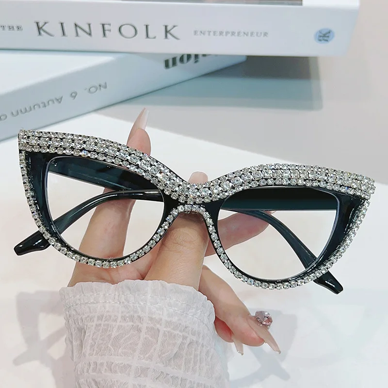 Fashion Luxury Cat Eye Glasses Frame Women Crystal Diamond Clear Lens Eyeglasses Sexy Decorative Eyewear