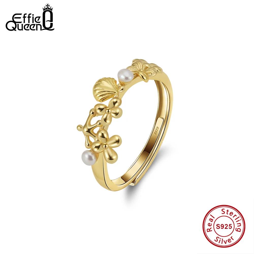 

EFFIE QUEEN Natural Pearl Ring 925 Sterling Silver Shell Elegant Jewelry Gift Zirconia Wedding Stackable Open Finger Ring GPR24