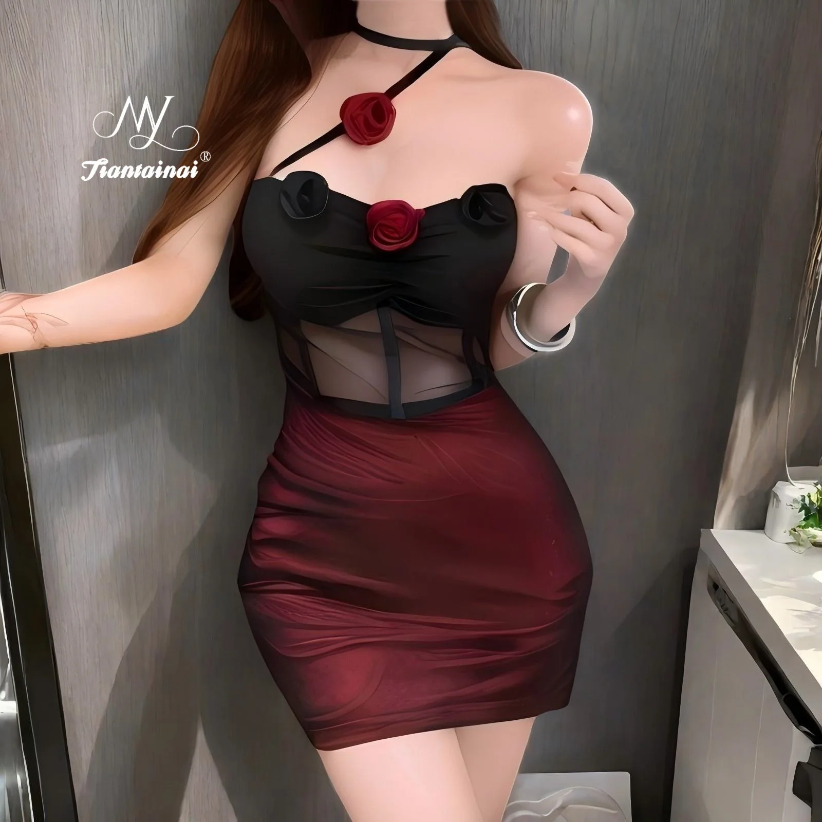 Red Floral Women Strapless Dress Fashion Hotsweet Halter Sleeveless Sexy Mini Dress Mesh Patchwork Irregular Slim Female Dress