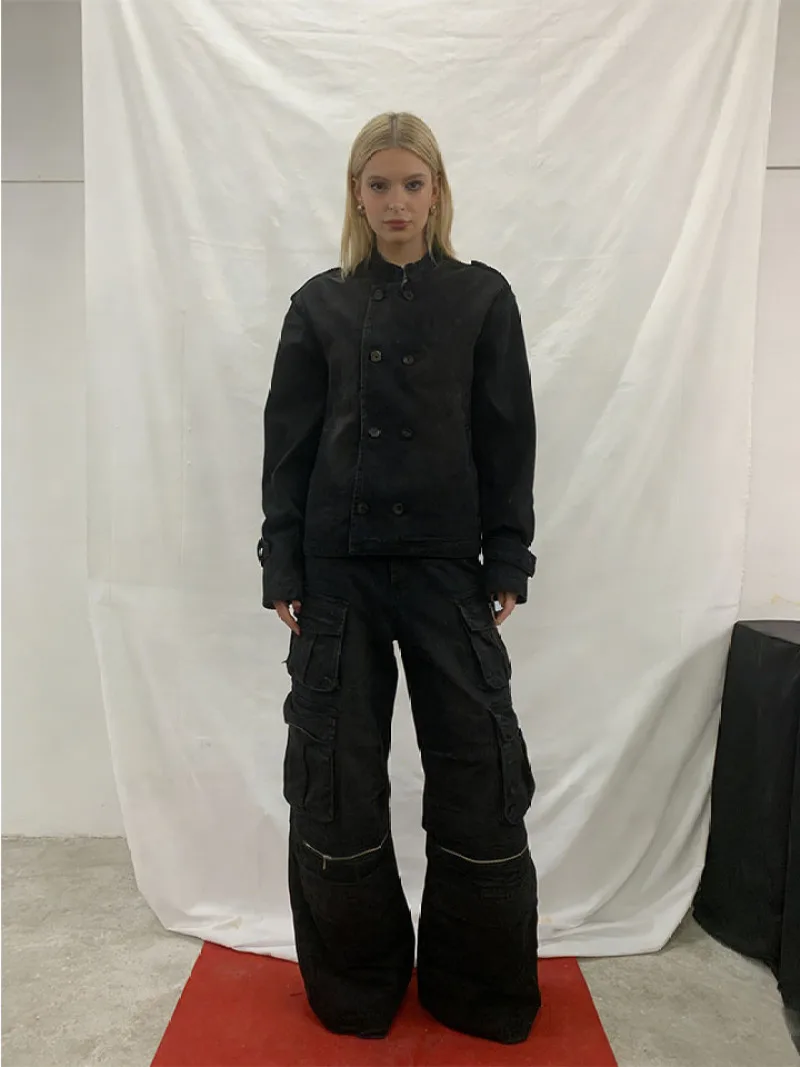 

Женская куртка Y2K Streetwear из черного выстиранного денима с двойным рядом пуговиц и воротником-стойкой, темно-синяя, в стиле High Street, утилитарная, 2026