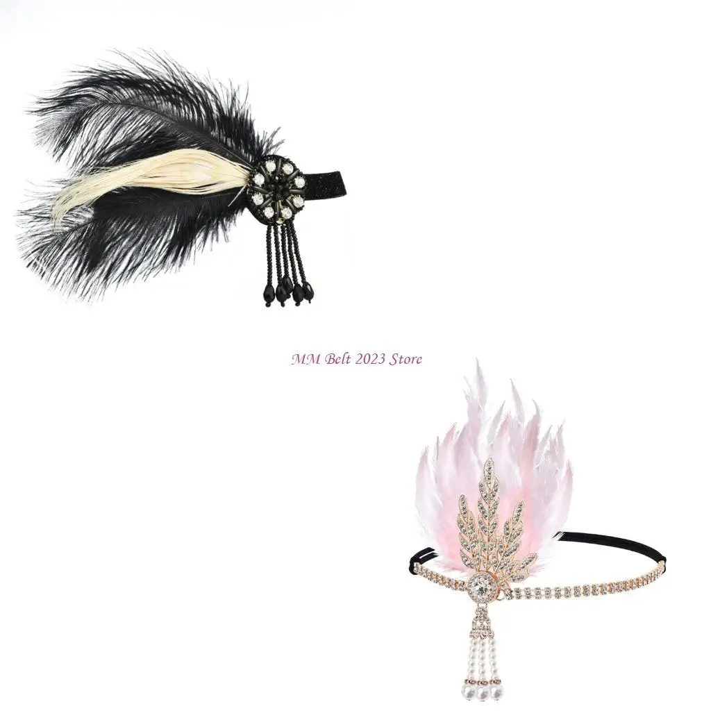 

49ME Эластичный ободок для волос в стиле 1920-х годов со стразами и перьями, обруч для волос для коктейлей