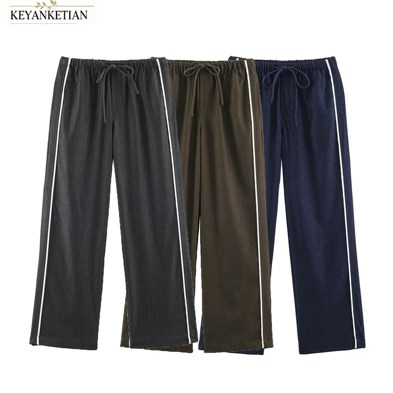 KEYANKETIAN 2026 Autumn Women Drawstring Waist Denim Wide Leg Pants Side White Stripe Loose Casual Straight Trousers