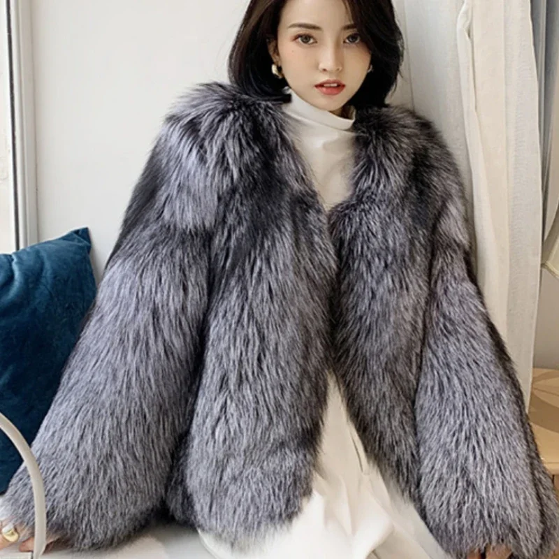 

Женское новое осенне-зимнее пальто из искусственного меха Silver Fox Пушистая теплая верхняя одежда Роскошная меховая куртка Элегантные пальто Кардиган Верхняя одежда Повседневная