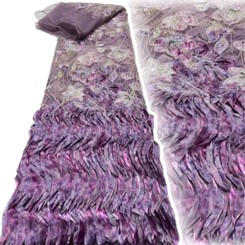 

Роскошная африканская 3D кружевная ткань с перьями, 2025 г., высокое качество, французская кружевная ткань с блестками и бисером для шитья свадебных платьев 5 лет TP1687